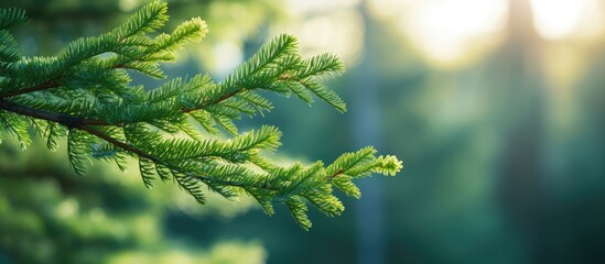 Wall Mural - soft sunlight illuminates a close up of a vibrant green spruce tree branch in a forest setting provi