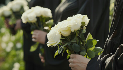 Wall Mural - People in black clothes with white rose flowers outdoors, closeup. Funeral ceremony