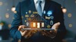 © Dara - Against a backdrop of innovation, a businessman displays a home model with smart home automation icons, underscoring the convenience and sophistication of modern living spaces.