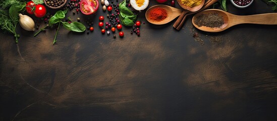 A wooden spoon and various ingredients placed on a rustic background creating a captivating image for the concepts of vegetarian food health and cooking The background is designed with ample space fo