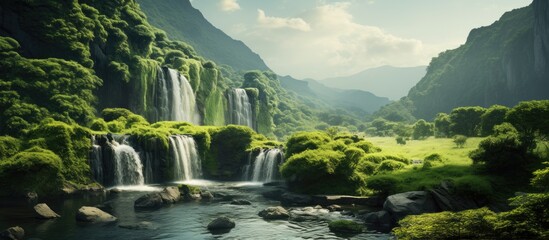 Sticker - A picturesque cascading waterfall gracefully meanders through the lush green valley encompassing magnificent natural beauty copy space image