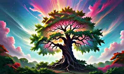 Wall Mural - closeup photo illustration of a tree covered in colorful light patterns =AI generated illustration