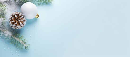 Leinwandbilder - Christmas composition with a snowy fir branch and white bauble on a pastel blue background The image is taken from above with room for text. with copy space image. Place for adding text or design