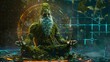 © Антон Сальников - This statue represents a wise old man in the woods meditating, covered with green moss, plants, and roots.