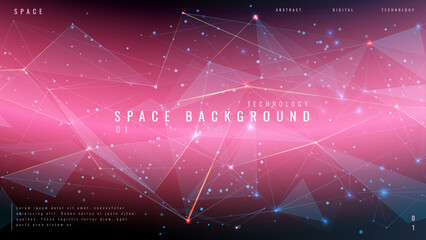 Poster - Abstract technology purple background with geometric low poly wireframe elements. Digital tech bg. Polygonal data concept. Connected dots and thin lines. Pink space with plexus. Vector illustration. 