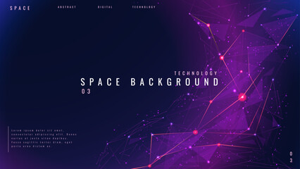 Purple space background with polygonal or plexus abstarct objects. Universe or Galaxy bg. Technology starry sky with connected dots, lines, and polygons. Low poly wireframe vector illustration.backgro