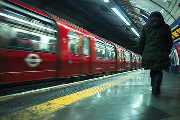 Red tube train in slow motion, captured perspective of someone standing on one side as it passes. Background is blur with streaks and lines representing speed and movement. 