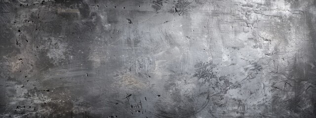 Gray grunge background with scratches dirty grey cement textured wall. Vintage wide long backdrop for design web banner