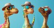 © wanna - Three anthropomorphic pet dinosaurs in colorful printed blouses, wearing sunglasses and hats, posing for the camera