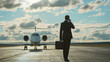 © Uwe - A businessman in black suit and with briefcase is standing on the airport runway near private jet while making phone call, view from back side, blurred background,