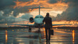 © Uwe - A businessman in black suit and with briefcase is standing on the airport runway near private jet while making phone call, view from back side, blurred background,