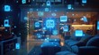 © novian - Modern smart home interior with connected devices and seamless integration of blue digital symbols and technology
