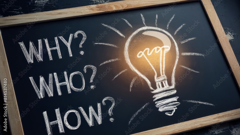 Chalkboard Featuring Lightbulb and 'Why? Who? When? How?' Typography ...