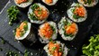 Vibrant and detailed top view of sushi rolls with rice, garnished with green and presented for clarity in an advertising setting