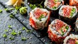 Vibrant and detailed top view of sushi rolls with rice, garnished with green and presented for clarity in an advertising setting