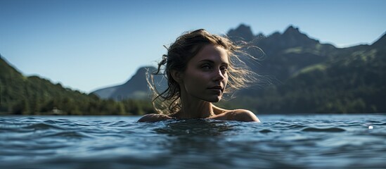 Wall Mural - Image of a beautiful girl gracefully swimming in the tranquil lake with plenty of copy space surrounding her