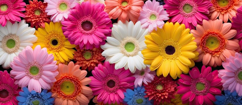 A top down view of a seamless texture pattern formed by a variety of vibrant flowers including gerbera and cosmos creating a multi colored display The image is suitable for copy space