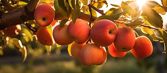 Wall Mural - A copy space image of a handful of ripe apples hanging from a branch in the bountiful garden during the harvest season