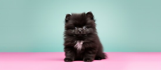 Poster - Adorable black Pomeranian Spitz puppy with fluffy fur on a pink background This dog is perfect for families and is a tiny Dwarf Spitz pom. with copy space image. Place for adding text or design