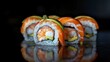 Sushi roll with salmon, shrimp, and avocado, illuminated with studio lighting for vibrant focus and clarity, isolated for advertising
