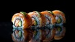 Sushi roll with salmon, shrimp, and avocado, illuminated with studio lighting for vibrant focus and clarity, isolated for advertising