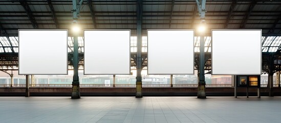 Wall Mural - Three portrait empty billboards advertising placeholders are displayed on a train station resembling a mockup of a blank white poster An image with copy space