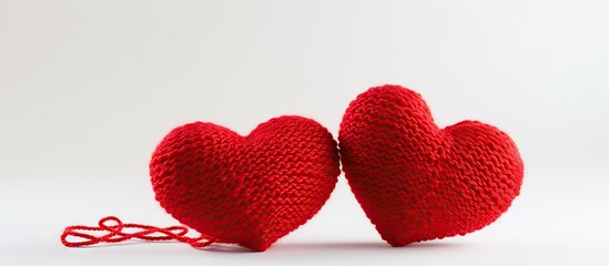 Wall Mural - Two red knitted hearts are showcased against a white background presenting a delightful concept for celebrating Valentine s Day The composition provides ample copy space for additional elements or te
