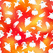 Vector Halloween ghost seamless pattern. Cute white flying ghosts on orange gradient background with stars. Spooky hand drawn cartoon character illustration for wrapping, greeting design, decoration.