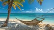 Leisurely hammock swing between tall palms on a beach, with expansive views of clear waters and the blue sky, pure relaxation