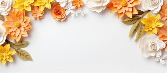 Wall Mural - Isolated on a white background a corner of the flat lay features a frame decoration made of yellow and orange paper craft flowers The frame is a mockup with copy space available for your text