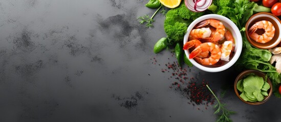 Wall Mural - A view from above of poke salad bowls of red shrimps and green vegetables on a gray background with space for text or images. with copy space image. Place for adding text or design