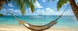 Relaxing hammock between two palms on a beach with a view of clear water and sky, perfect for peaceful retreats
