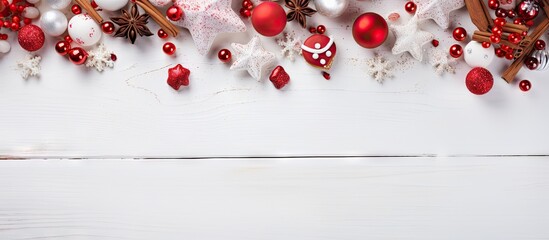 Top view of a festive Christmas background adorned with red decorations delicious sweets and white wooden boards providing ample copy space for text