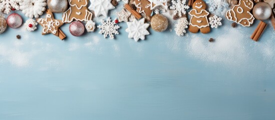 Poster - Top view of a Christmas gingerbread banner displayed on a blue background in a white wooden tray Ample copy space available