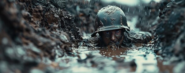 Soldier in muddy trench during war.