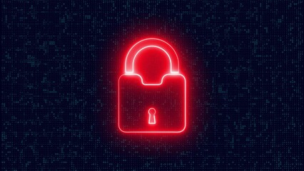 Lock, unlock neon glowing with a looping technology background.