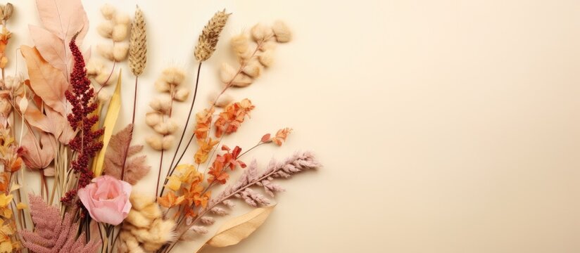 Top view of a fall themed arrangement featuring dried flowers and leaves on a pastel beige background The composition consists of a blank paper creating a copy space image