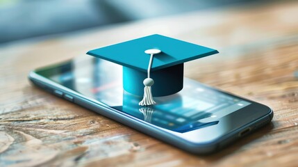 A smartphone displaying an online college app with a graduation cap icon, symbolizing academic achievement and progress.
