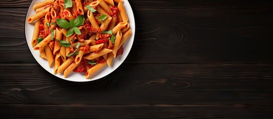 Canvas Print - An overhead view of a plate of Penne All arrabbiata pasta prepared using an authentic Italian recipe with ample copy space for text or images