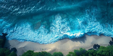 Wall Mural - Aerial view of wave crashing along the shore