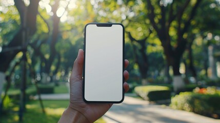Mockup image of hands holding mobile phone with blank white screen in the park.