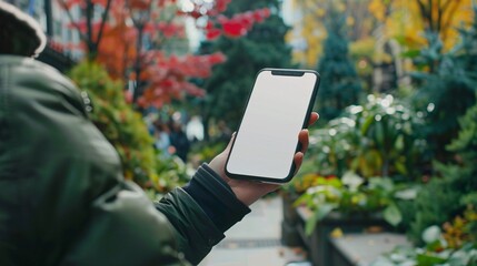 Mockup image of hands holding mobile phone with blank white screen in the park.