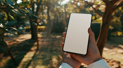 Mockup image of hands holding mobile phone with blank white screen in the park.