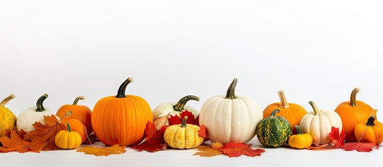 Aufkleber - A white background showcases an autumn composition featuring various pumpkins vibrant fall leaves and copy space for an image This evokes the autumn mood and the concept of the fall season
