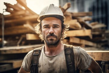 Generative AI picture Portrait of construction worker wearing a protective safety uniform clothes helmet at big building