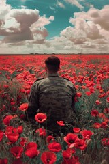 Wall Mural - A man sitting in a field of vibrant red flowers, suitable for various outdoor themes