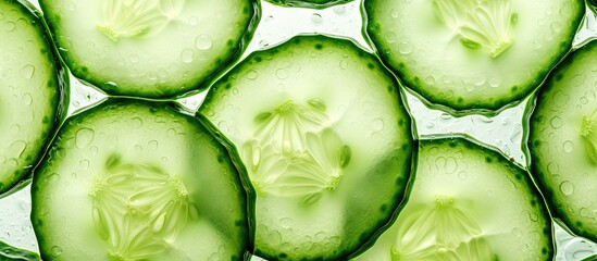 Sticker - A detailed image showing slices of cucumber in a close up composition with ample empty space for text or other elements