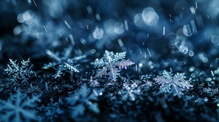 Delicate snowflakes falling on a dark blue background. The intricate details of the snowflakes are visible, and the image has a soft, ethereal feel.