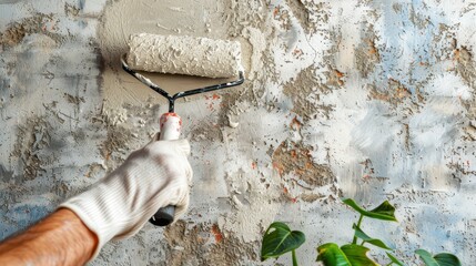 Close-up of paint roller applying paint to the wall