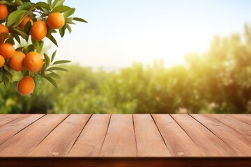 Wall Mural - A rustic wood table, set against a backdrop of orange trees and a field of oranges.